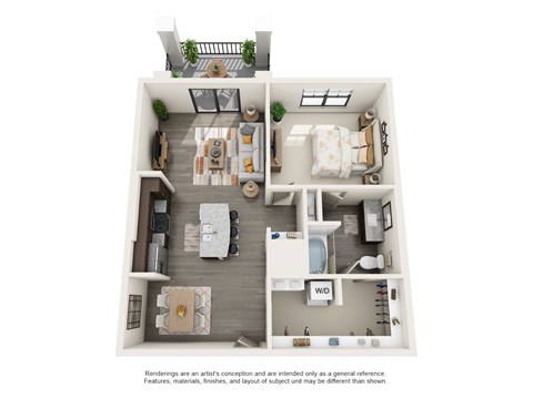 A floor plan of a apartment with a kitchen, living room, dining room, and bedrooms at Vestavia Reserve.